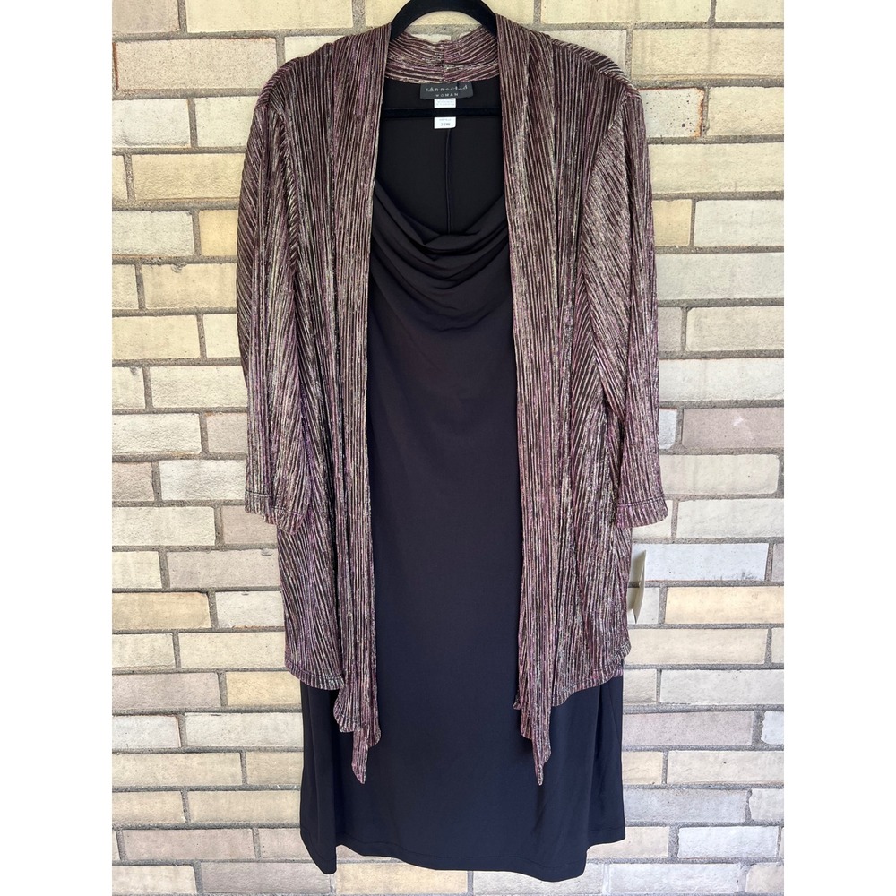 Connected Woman Metallic Pleated Cardigan Black Dress Stretch Plus Size 22W NWT